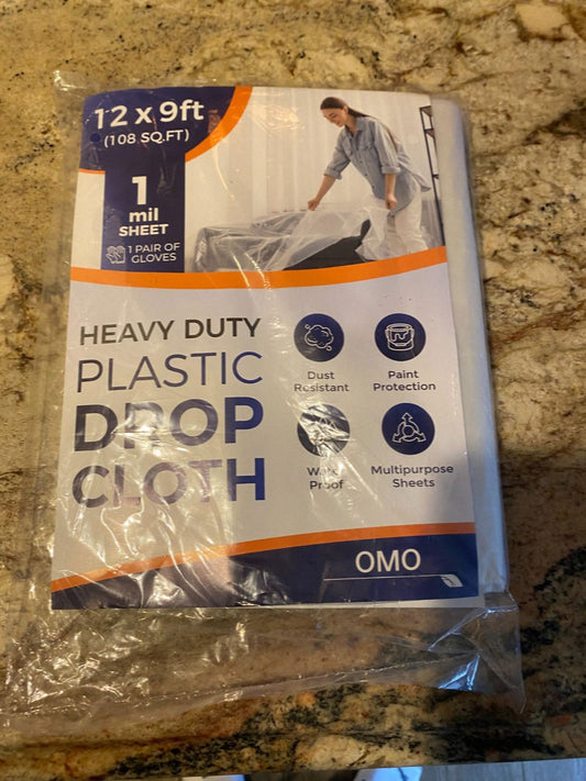 OMO 6 Pack 12 x 9 ft Extra Large Painter's Drop Cloth - Light & Durable Dust Cover - Clear Plastic Sheet - Paint Drop Cloth - Plastic Floor Protector
